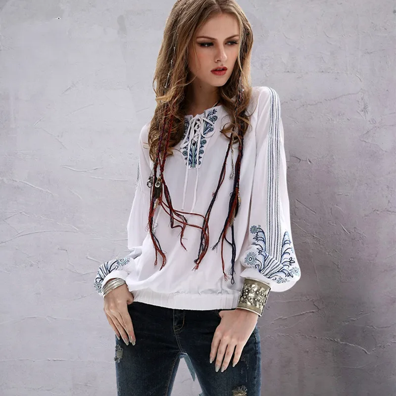 

Brand women's 2019 autumn new slim coat retro semi-open collar cotton and linen embroidered long sleeve shirt B9517