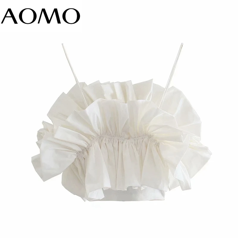 

AOMO Women Ruffles White Camis Crop Top Spaghetti Strap Sleeveless Backless Short Blouses Shirts Female Tops 6P50A