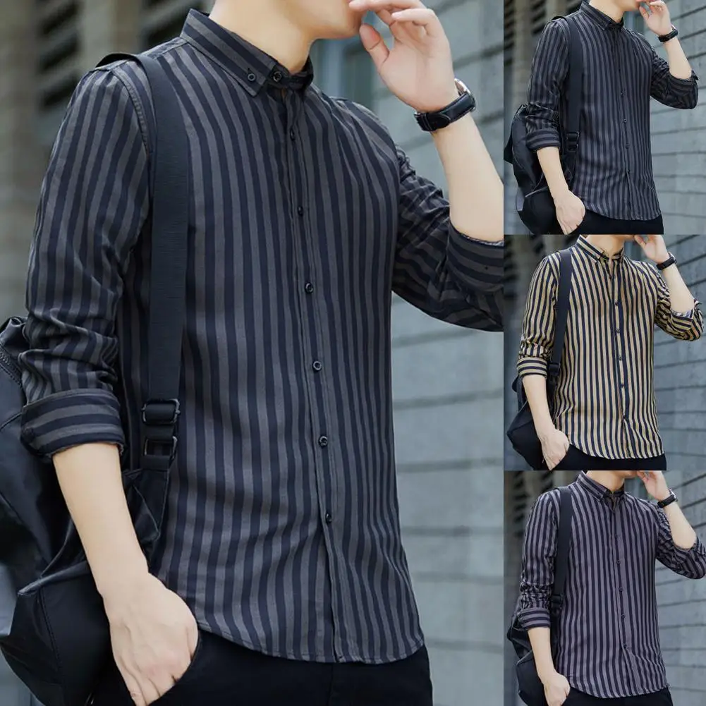 

Мужская однобортная рубашка с отложным воротником, приталенная деловая рубашка в полоску, одежда для работы, осень 2021