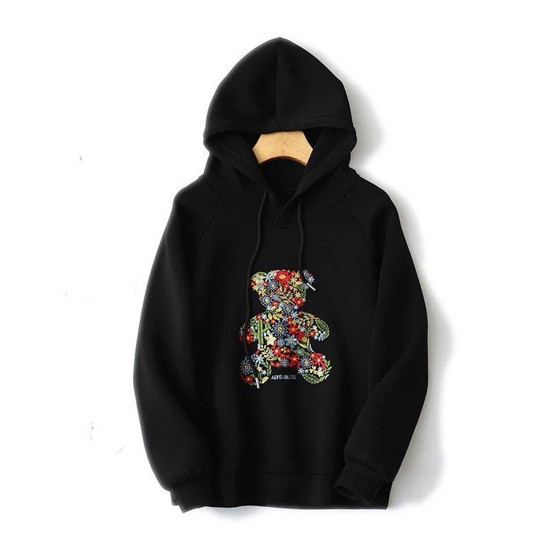

L-4XL Plus Size Women Hoodies Autumn British Style Colorful Bear Embroidery Hooded Tops Drawstring Loose Oversized Sweatshirt