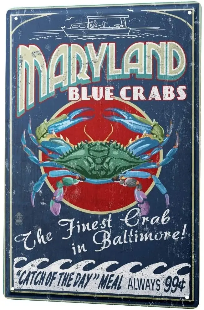 

Tin Sign Metal Plate Decorative Sign Home Decor Plaques Retro Blue Crabs