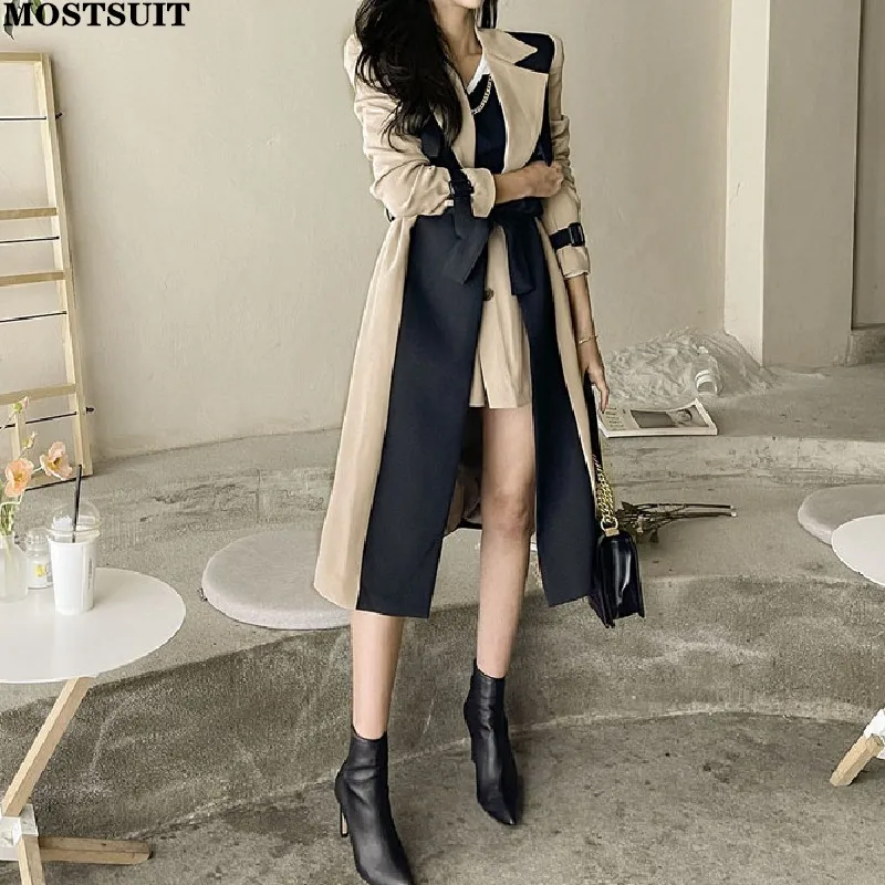 

Korean Color-blocked Belted Trench Coat Women Full Sleeve Notched Collar Long Outwear Chic Workwear Stylish Ladies Windbreaker
