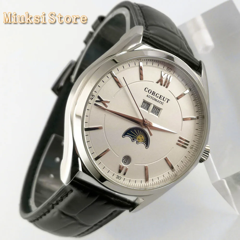 Corgeut Роскошные мужские часы 41 мм серебристый чехол белый циферблат кожаный