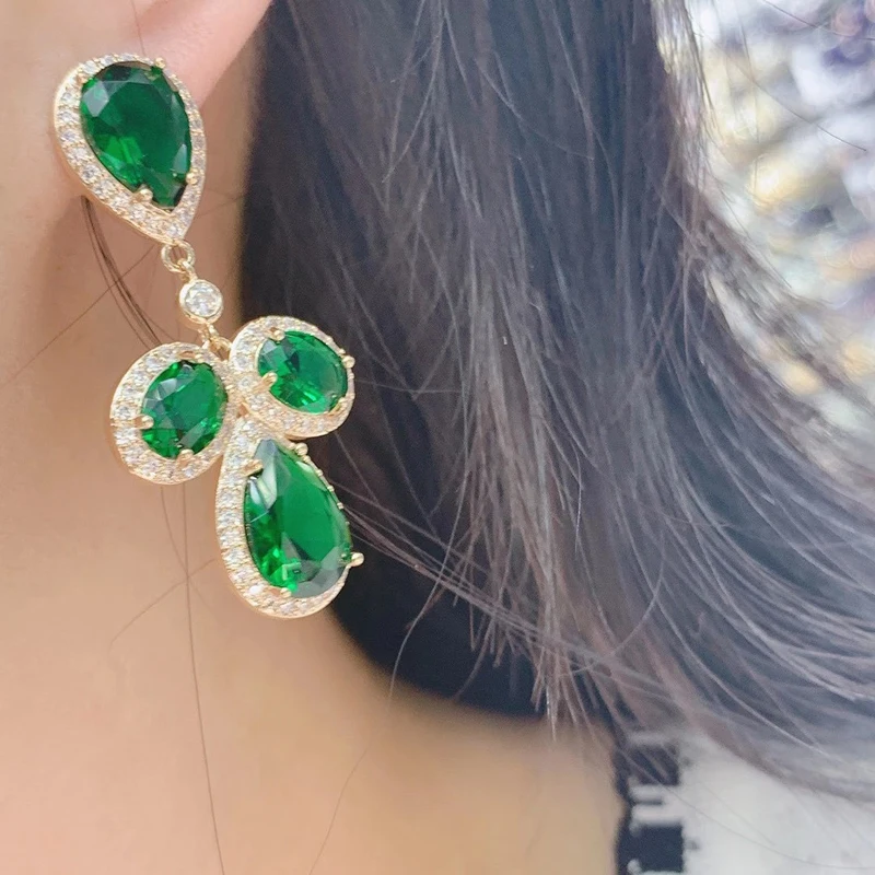 

Long gold inlaid green zircon earrings drop exaggerated earrings 210323-28