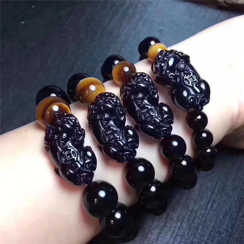 

OMHXZJ Wholesale ZB381 810121416mm European Fashion Birthday Party Wedding Gift Natural Stone Fine Obsidian Beads PIXIU Bracelet