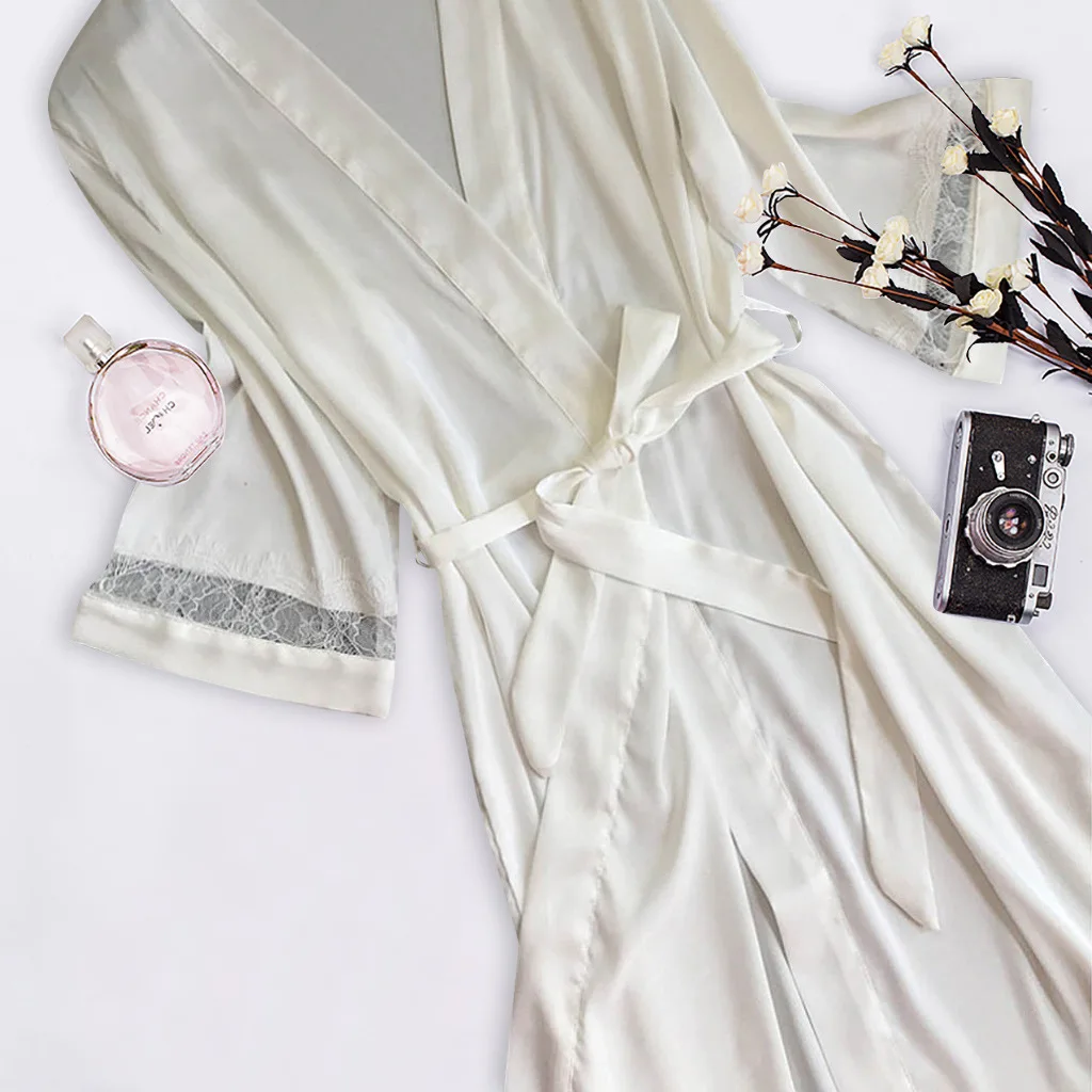 

Sexy Lingerie Set Rayon Kimono Bathrobe White Robe Two Piece Suit Nightwear Lace Trim Sleepwear Casual Home Clothes Robe