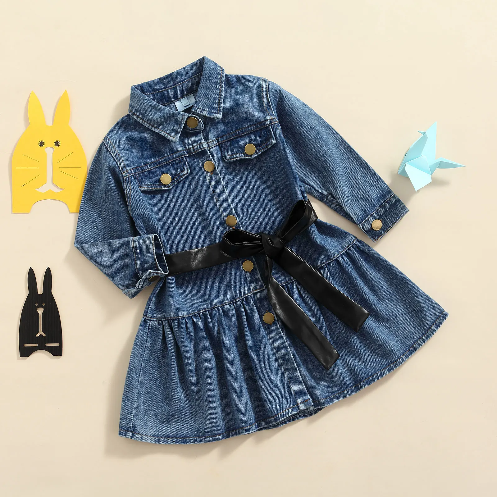 

Children's Clothing Solid Color Long Sleeves Waist Belt Loose Casual Denim Dresses Toddler Girls Spring Autumn 2-7 Years