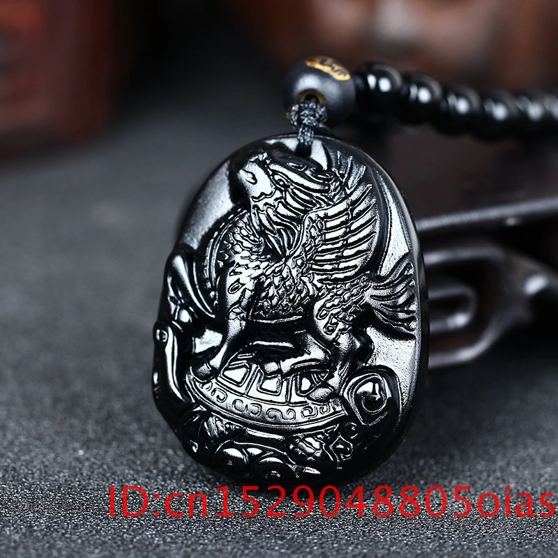 Натуральный черный обсидиан бусы ожерелье ручной работы ДРАКОН лошадь нефрит