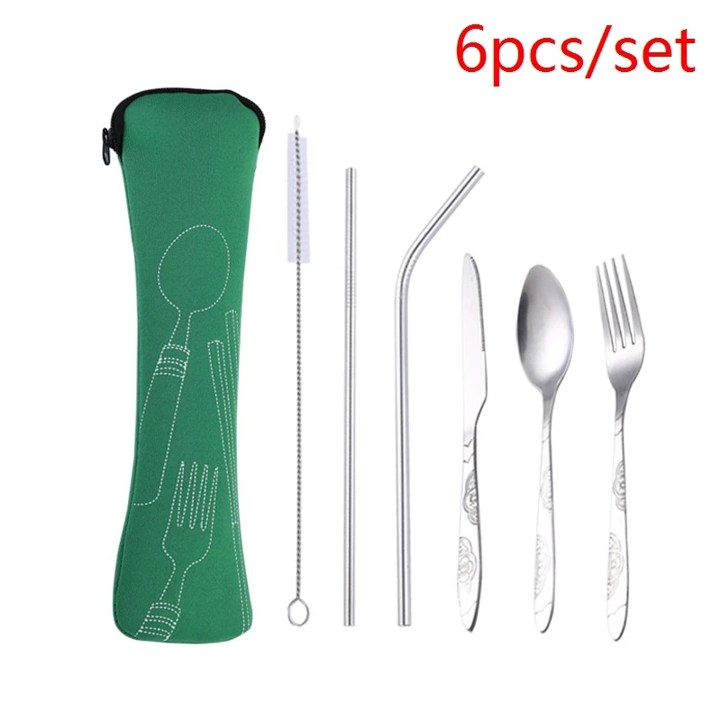 green 6pcs 3 шт./6 шт./компл. Портативный Нержавеющая сталь набор столовых приборов цветок картина вилка ужин набор посуды домашней утвари посуды сумка - Цвет: green 6pcs