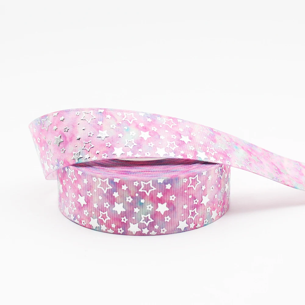 

25 мм 1 дюйм, серебряная фольга со звездами, печатная на Grosgrain лента для волос, искусственные аксессуары для рукоделия, украшения ручной работ...