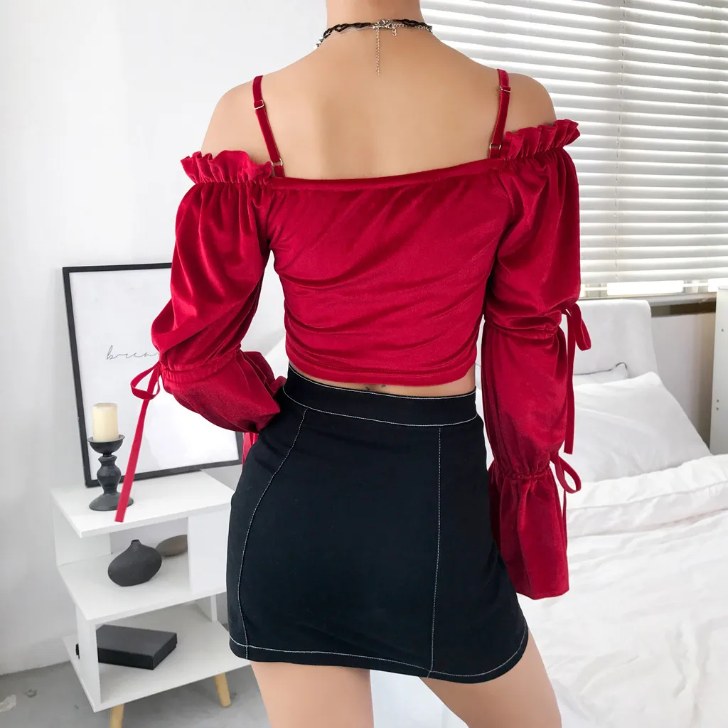 Женская футболка модная с длинным рукавом без бретелек бархатная бандажная для