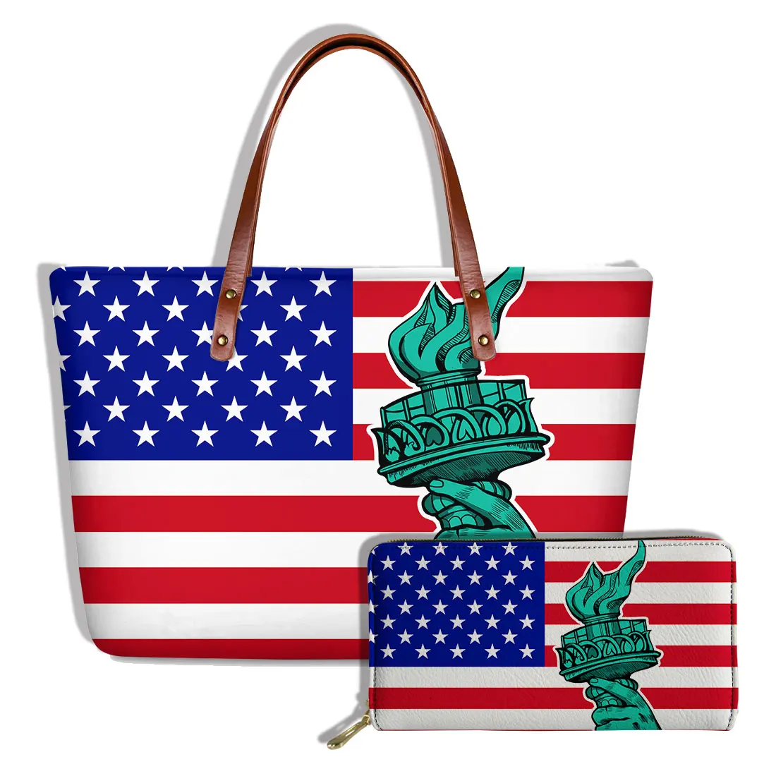 ELVISWORDS Luxury Design Women Handbags&Wallet Set USA Flag Printing Shoulder Bags Brand Lady Top-Handle Bag Purse Custom Bolso