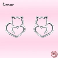 bamoer hot sale authentic 925 sterling silver cute cat small stud earrings for women fashion sterling silver jewelry sce271