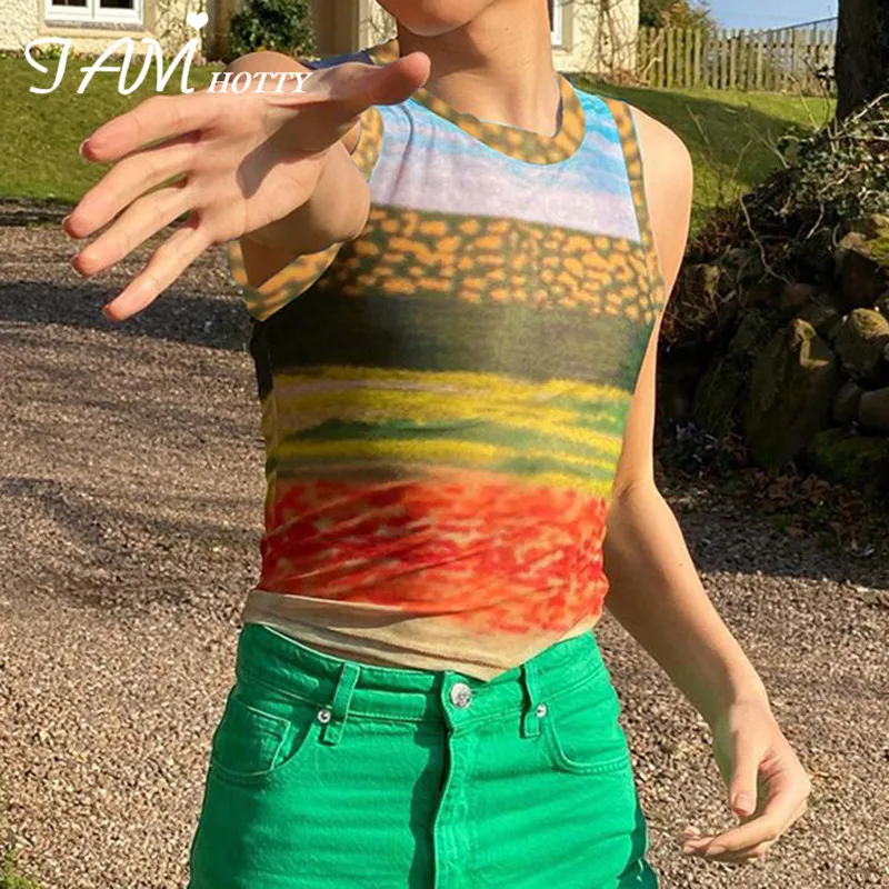 

Vintage Casual Mesh Camis Women Y2K 2000s Aesthetic Natural Scenery Print Harajuku Crop Top Summer Vacation Outfit Tees Iamhotty