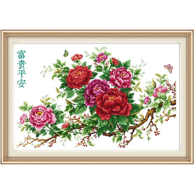 

Joy sunday Wealth and peace Peony pattern DIY cross stitch kits 11CT 14CT counted embroidery set Fabric crafts Home decoration