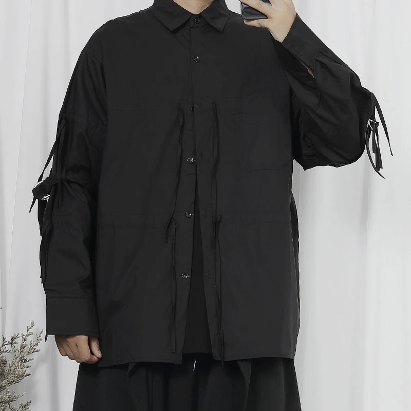 Men's Long-Sleeve Shirt Spring And Autumn New Personality Drawstring Waist Design Dark Casual Loose Large Size Shirt