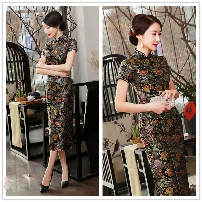 

Evening Party Dress for Women Design Vintage Flower Tang Suit Slim Retro Women's Satin Cheongsam Traditional Chinese Dress