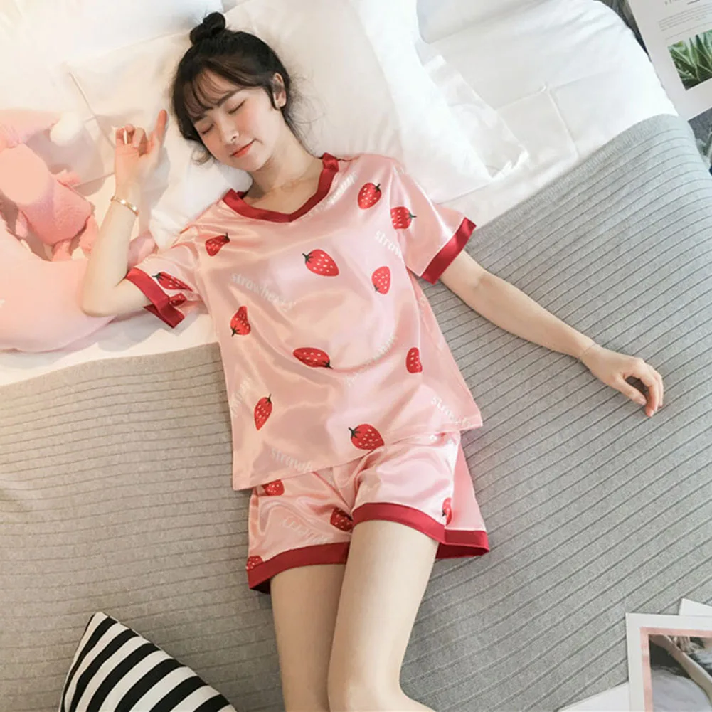 

Women Pajamas Sets Faux Silk Satin Cute Printing Summer Femme Short Sleeve Sleepwear Suit Homewear Nightwear Pijamas Lounge Wear