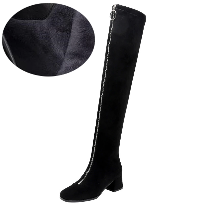 Suede Velvet Lining Облегающие Женские Сапоги выше колена; женские сапоги с квадратным носком на молнии спереди; Botas Mujer; черная кожаная женская обувь; высокие сапоги до бедра для девушек - Цвет: Suede Velvet Lining