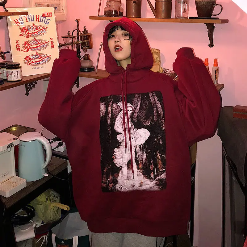 

Sweatshirts Women Loose U Hooded Pullover Plus Velvet Thick Long Sleeves Harajuku Hoodie Kpop Clothes For Teens Hoodie