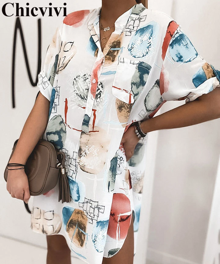 

2020 New Elegant Ink Painting Printed Casual Short Sleeve Women Dresses Plus Size Loose Office Lady Short Shirt Dress