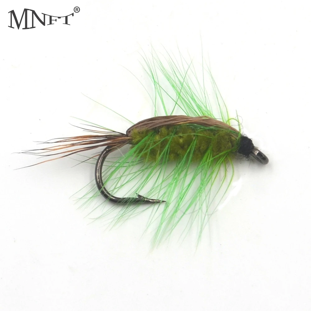 

MNFT 10 шт./упак. сухая нахлыстовая приманка, искусственный шерстяной червь с зеленым корпусом, наживка для рыбалки с крючком 6 #