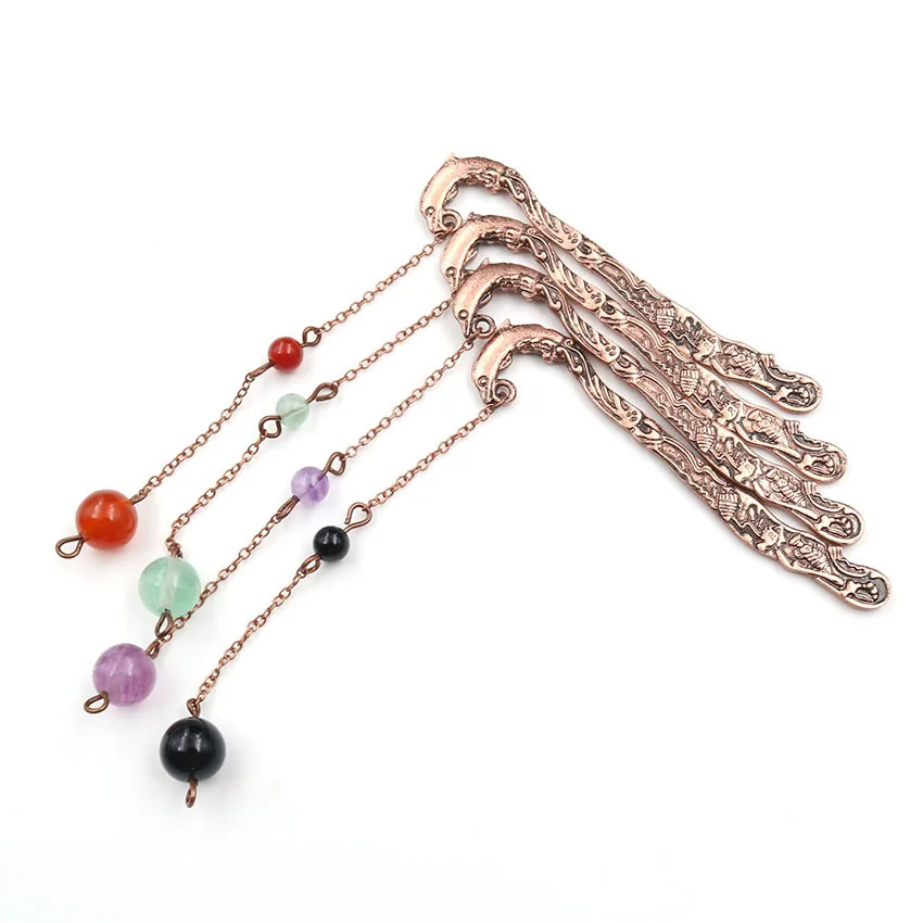

Natural Round Beads Stones Retro Copper Metal Alloy Bookmark Long Dolphin Shaped Students Book Labels Document Mark Jewelry