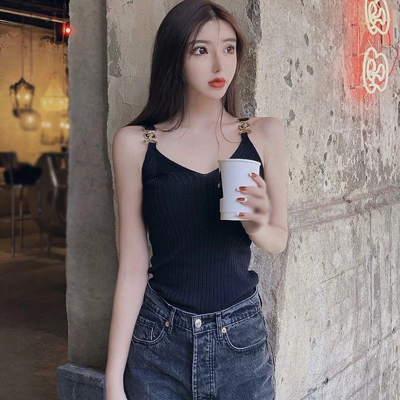 

Jlong Sexy V-neck Sling Tops Korean Knitted Bottoming Camis Vest Women Tank Tops