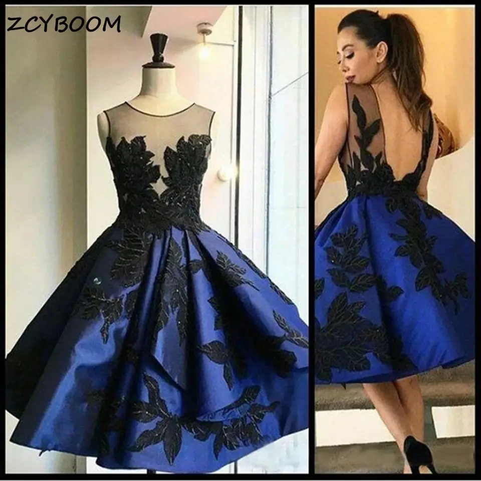 

Navy Blue Cocktail Dresses 2021 New Formal Party Women Prom Dresses Sleeveless Graduation Appliques Satin Backless Evening Gowns