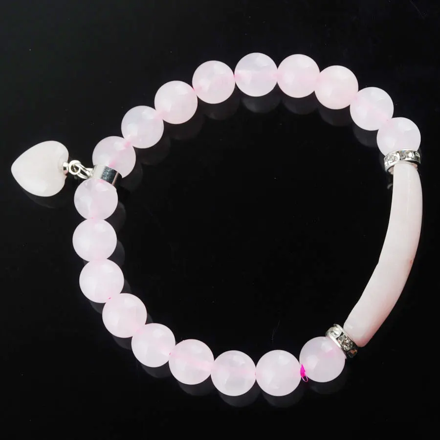 

WOJIAER 10Pcs/lot 8mm Round Beads Wrist Bracelets & Bangles Heart Fitting Natural Rose Quartzs Gem Stone Couples Jewelry PK3341