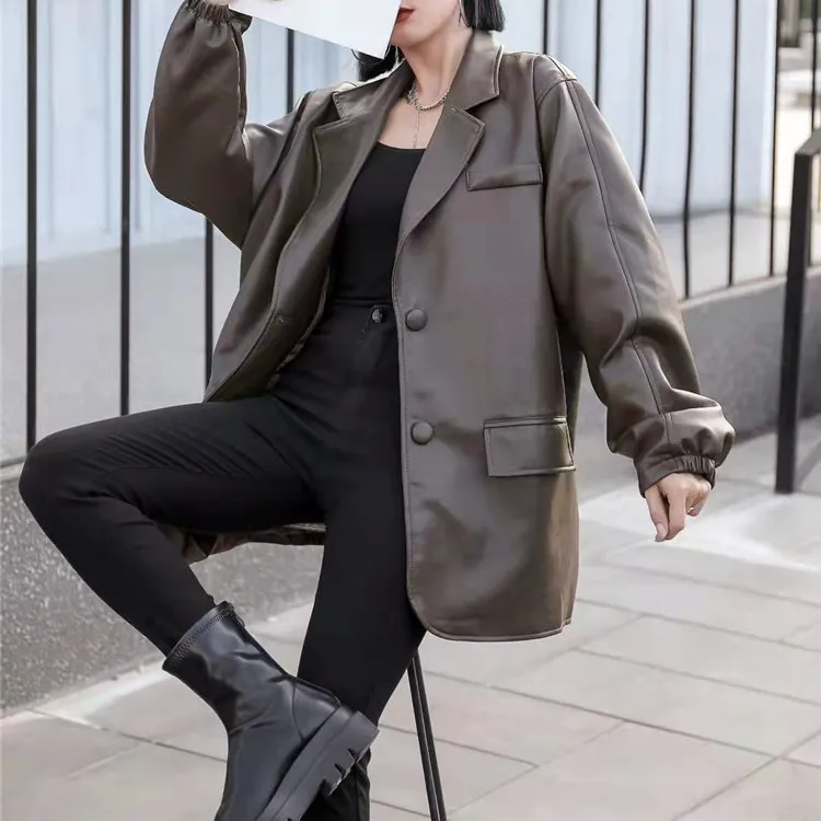 

Korean Fashion 2021 Autumn Long Oversized Leather Trench Coat for Women Long Sleeve Lapel Loose Casual Stylish Korean