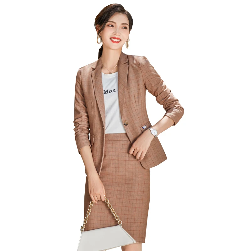 Boliyae Work Pant Suits 2 Piece Set For Women Business Skirt Suit Check Plaid Jacket Blazer Office Lady Suit Formal OL