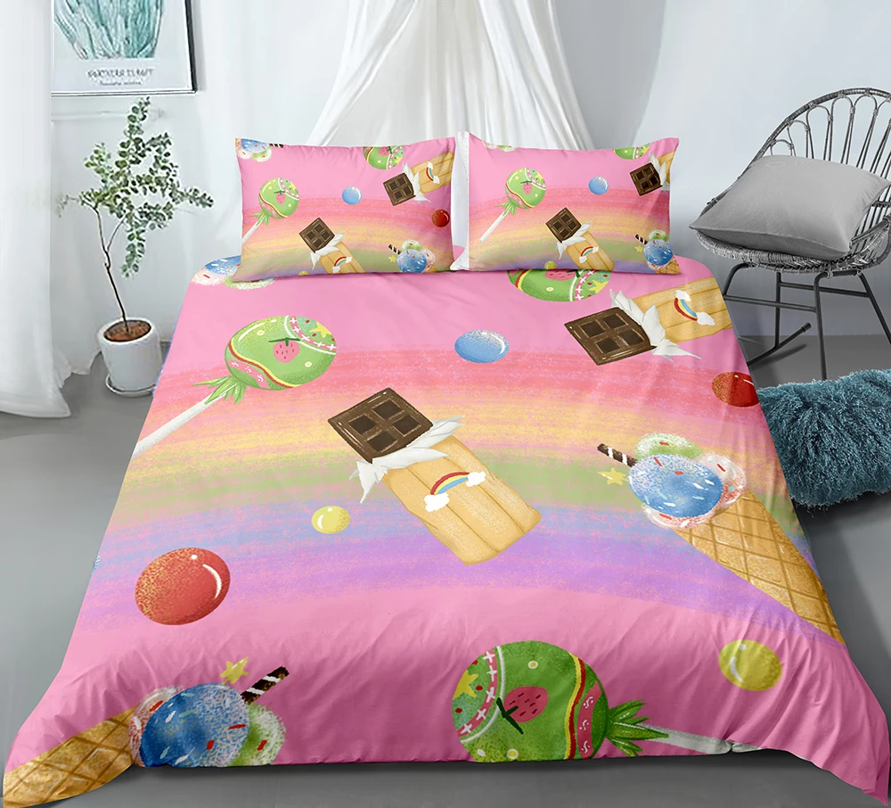 

2/3 Pieces Chocolate Candy Bedding Set Ice-cream Cartoon Duvet Cover 3D Print Bedroom Home Textile Rainbow Decor Bed Quilt Cover