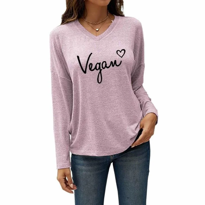 

New Arrival T-Shirt Vegan Letters Print Bat Sleeve V-Neck Loose Pullover T-Shirt Women Cute Summer Streetwear