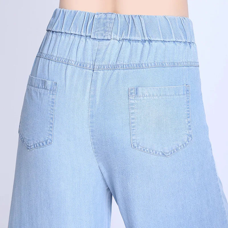 Брюки женские джинсовые с широкими штанинами и завышенной талией свободные