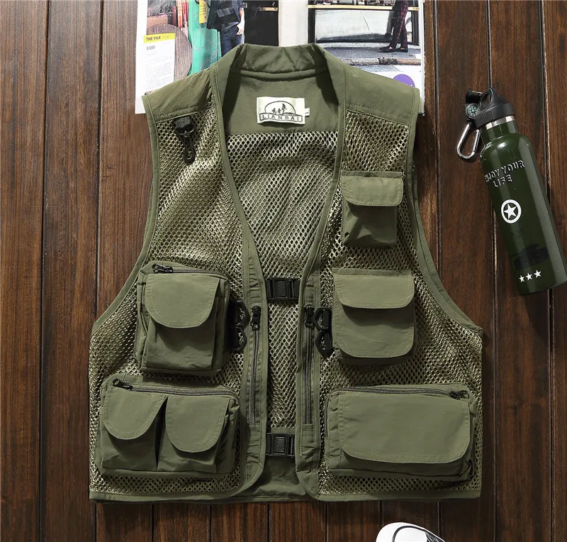 

2022 Summer Multi Pockets Vest Men Mesh Breathable Photography Waistcoat Reporter Director Casual Vest Work Uniform Plus Size