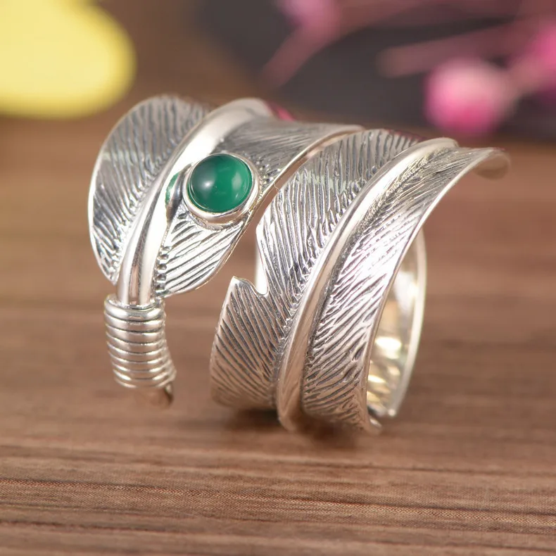 S925 pure silver feather ring green stone Mosaic rotating men and women with adjustable | Украшения и аксессуары