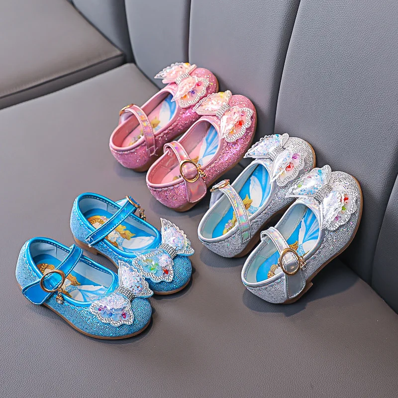 Zapatos de princesa para niña y niño, zapatillas de piel sintética con lentejuelas y dibujos animados de frozen, informales, de mariposa, para fiesta, primavera y otoño