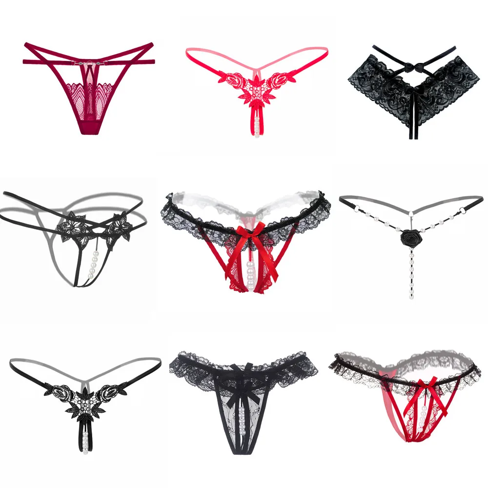 

European and American Sexy Pantie Women's Sense of Lace Open File Free Full Transparent Nightclub Temptation Pearl Massage Thong