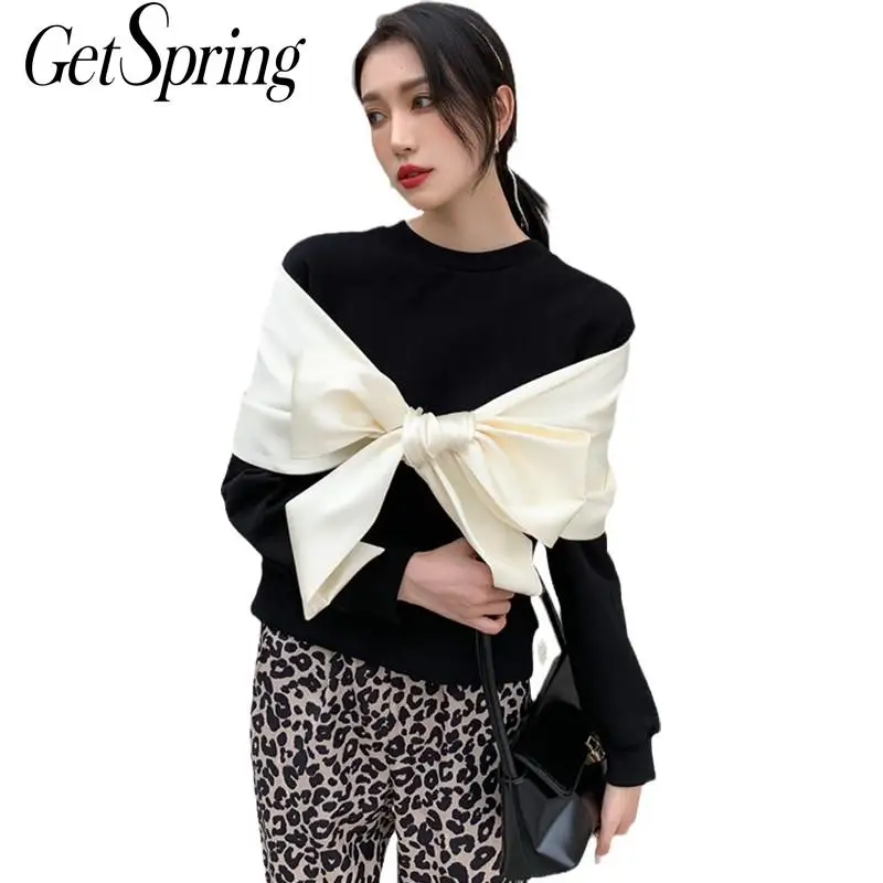 

GetSpring Women Hoodie Irregular Bow Womens Sweatshirts Pullovers Fashion Ladies Tops All Match Loose Womens Hoodies Spring 2021