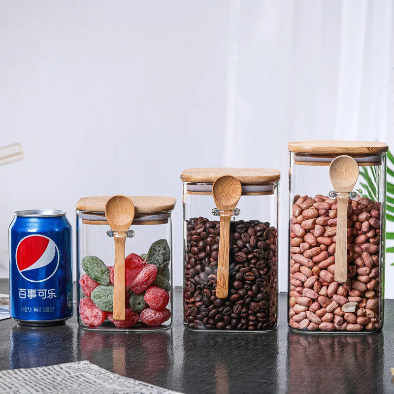 Bamboo Lid Glass Sealed Cans with Spoon Coffee Bean Storage Airtight Bottle Kitchen Jar Tea Spice Seasoning Jars | Дом и сад