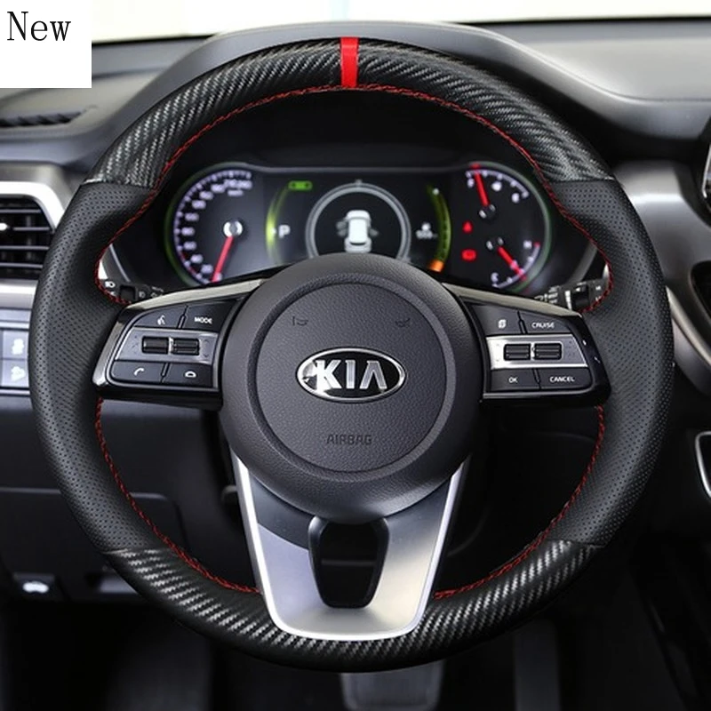 

for Kia K2 Forte K5 KX1 K3 Sportage R K4 KX7 Hand-Stitched Leather Suede Carbon Fibre Car Steering Wheel Cover Accessories