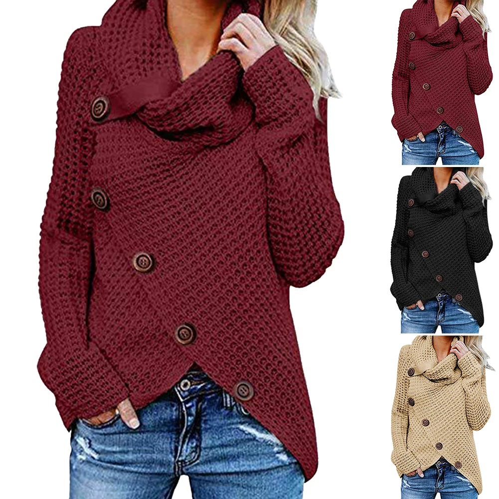 Warm High Collar Button Party Hip Long Sleeve Shopping Casual Solid Daily Autumn Winter Women Sweater Loose Dating | Женская одежда