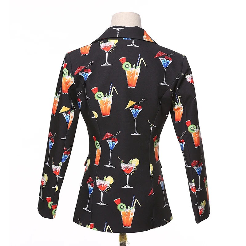 SEQINYY Black Blazer Autumn New Fashion Design Long Sleeve Women Wine Glass Printed Female Jacket