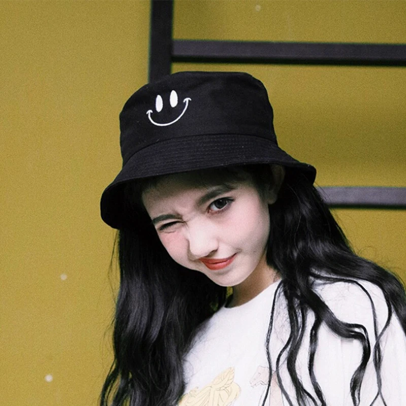 

Women Smile Face Embroidery Bucket Hat Outdoor Fishing Sunscreen Bucket Hat Korean Bucket Hat outdoor Spring Summer Casual Hat