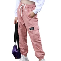 kids girls cotton autumn fashion casual pure color elastic waistband drawstring 4 pockets front pants trousers cargo pants