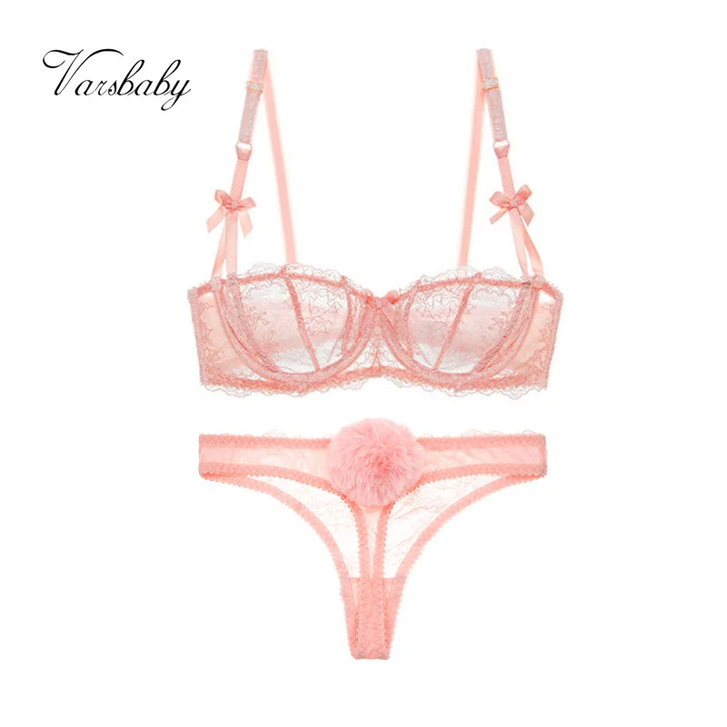 

Varsbaby Sexy Lace Transparent Half Cup Lingerie Set Unlined Bras+Thongs Women Lovely Bra Set