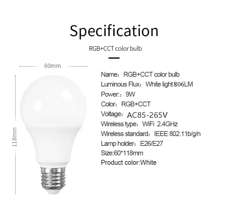 

EWeLink - E27/E26 Wi-Fi, 85-265V 806LM RGB + CCT Alexa Google Home