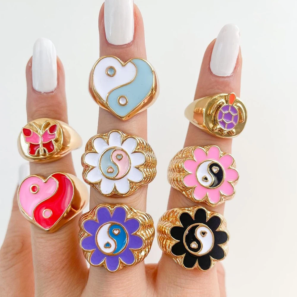 Aesthetic Colorful Evil Eyes Love Heart Rings for Women Sweet Sunflower Drip Oil Enamel Metal Gold Finger Couple Jewelry | Украшения и