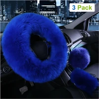 3pcs blue wool long fuzzy car steering wheel cover handbrake universal